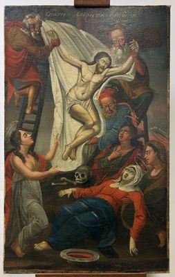 an old painting of a woman being nailed to a cross