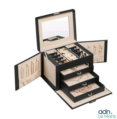 une image représentant un coffret à bijoux noir surmonté d'un miroir