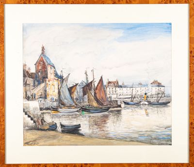 a picture of a painting of boats on the water