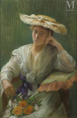 tableau représentant une femme assise sur une chaise avec un panier de fleurs
