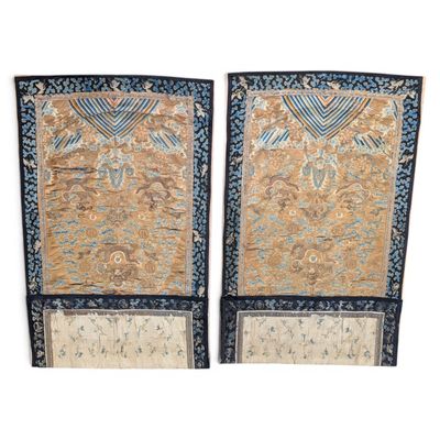 pair of antique chinese wall hangings with blue and gold designs