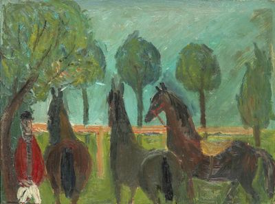 a painting of a group of horses standing in a field