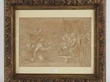 an antique drawing of a man kneeling in front of a group of people
