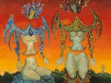 a painting of two women dressed in costumes with flowers on their heads