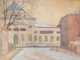 une aquarelle représentant un bâtiment avec une tour horloge
