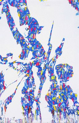 a painting of a man riding a bike on the street