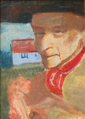 tableau représentant un homme portant un chapeau et une cravate rouge