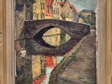 an oil painting of a bridge over a river with buildings in the background