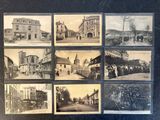 several black and white photographs of old buildings and people in the street