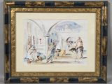 framed watercolor painting of a man and a woman on a horse