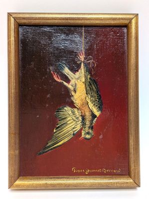 tableau représentant un oiseau suspendu à une corde accrochée à un mur