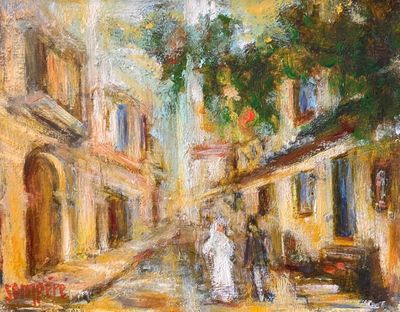 tableau représentant une femme marchant dans la rue avec un parapluie