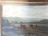 a picture of a painting of cows in a field