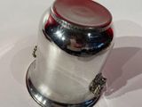 a small silver object with a red button on it