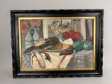 framed painting of a bird sitting on a table with a vase of flowers in the background