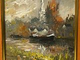 an oil painting of a boat on a river in a golden frame