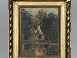 une image d'une photo d'un tableau représentant une maison au bord d'un lac