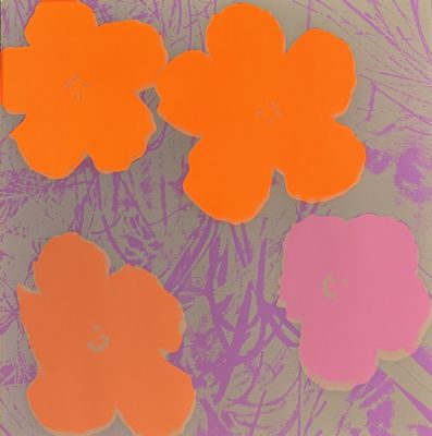 three orange and one pink flowers on a purple background