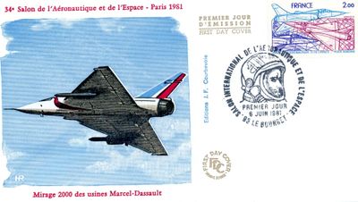 un timbre représentant un avion de chasse volant dans le ciel