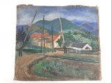 an image of a painting of a country road with houses and mountains in the background