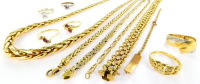 several different types of gold jewelry including rings, bracelets, and rings