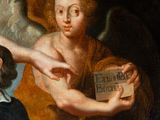 painting of an angel and a boy with a dog in a cave