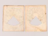two pieces of old paper with cut out shapes on them