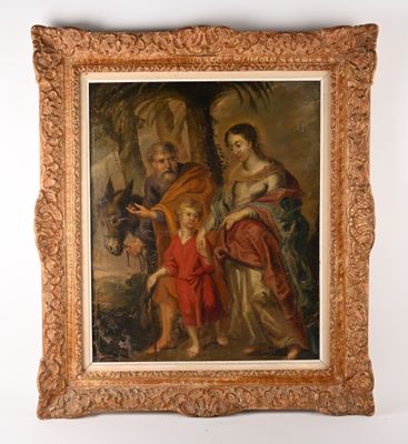 un vieux tableau représentant un homme, une femme et un enfant