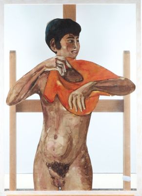 un tableau représentant une femme nue vêtue d'un t-shirt orange