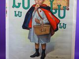 une vieille affiche représentant une femme tenant un panier rempli de provisions