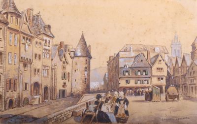 une peinture représentant une scène de rue avec des personnes marchant sur le trottoir