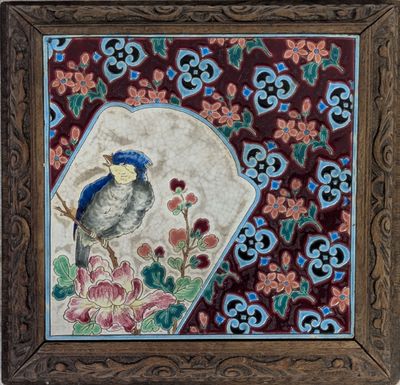 tableau représentant un oiseau perché sur une branche, avec des fleurs en arrière-plan