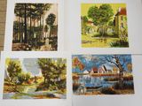 four paintings of different landscapes are displayed on a tile floor