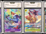 several cards of different colors and designs are on a black background