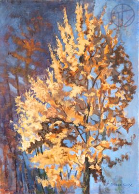 un tableau représentant un arbre aux feuilles jaunes dans un champ
