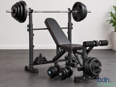 a bench with a barbell on it in a room
