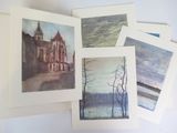 quatre cartes illustrées d'aquarelles représentant une église et des arbres