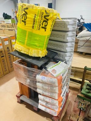 a stack of boxes on a pallet in a warehouse