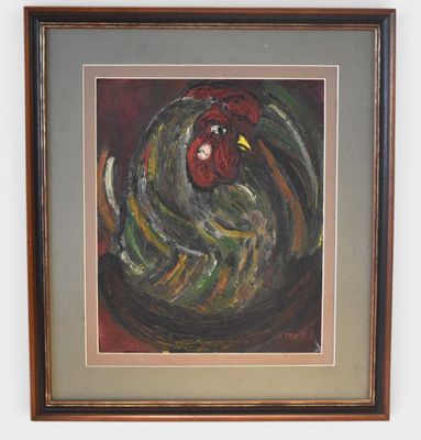painting of a rooster in a frame hanging on a wall