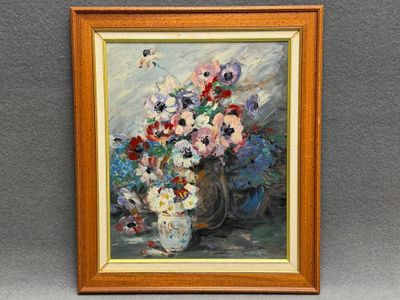 Bouquet d'anémones huile sur panneau, signée en bas à droite…