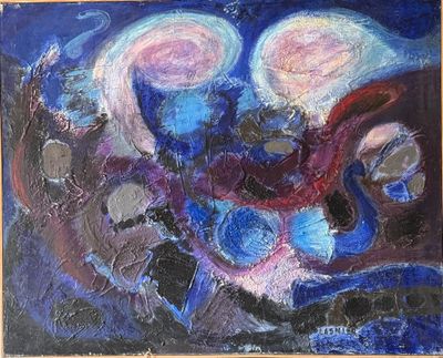 peinture abstraite représentant deux anges dans un ciel bleu, avec des touches de rose et de violet