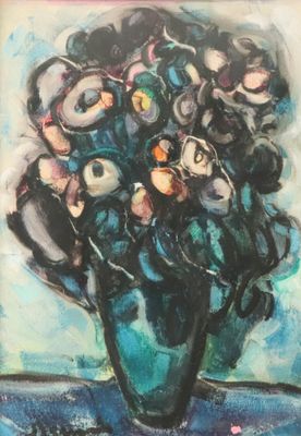 une peinture représentant un vase de fleurs sur une table