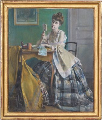 une image d'un tableau représentant une femme assise à une table