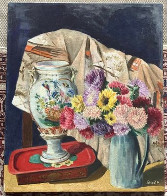 a painting of a vase of flowers on a table