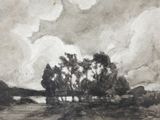 painting of a black and white landscape with trees in the foreground and a body of water in the distance