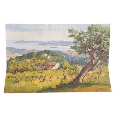 une peinture d'un paysage avec des arbres et une maison au loin