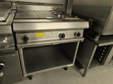 several stainless steel appliances are lined up in a commercial kitchen