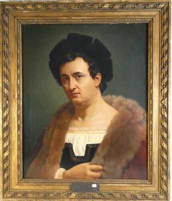 portrait d'une femme en manteau de fourrure, dans un cadre doré