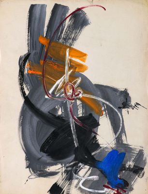 an image of a painting on a piece of paper with black, orange, and blue paint