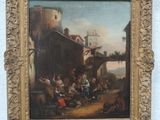 une peinture à l'huile représentant une scène de village avec des personnes assises sur un banc